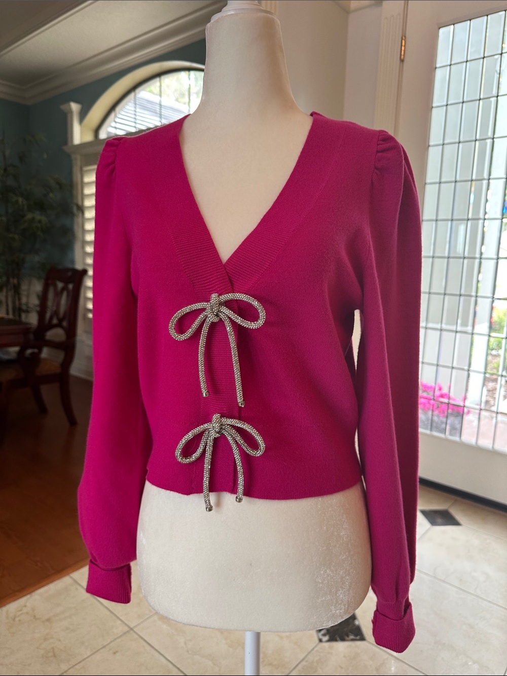 Express Fuchsia V-Neck Sweater with Rhinestone Bow Ties